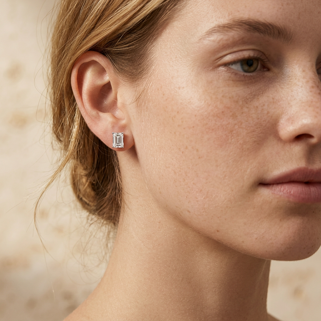 The Manhattan emerald-cut diamond stud worn on the earlobe, four-claw setting sitting close and flat