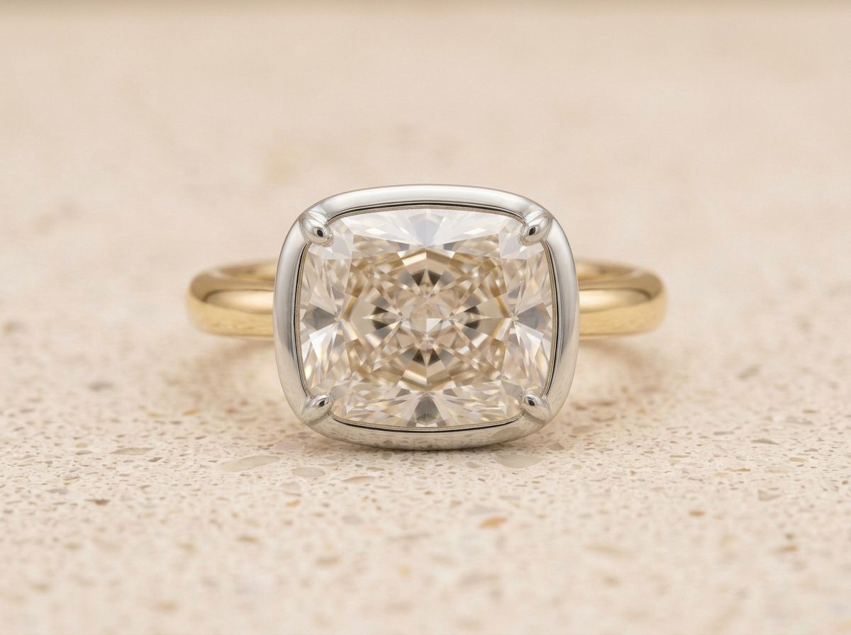 The Darling, an elongated cushion-cut diamond in a white gold bezel on a domed 18k yellow gold shank, face on, on a warm cream concrete slab