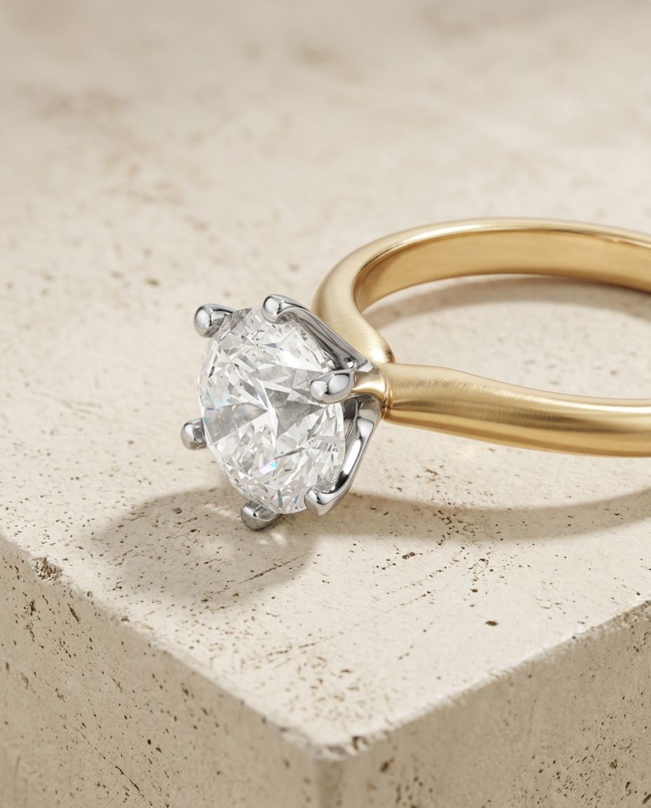 The One, a round brilliant diamond solitaire in yellow gold, on a warm cream concrete slab